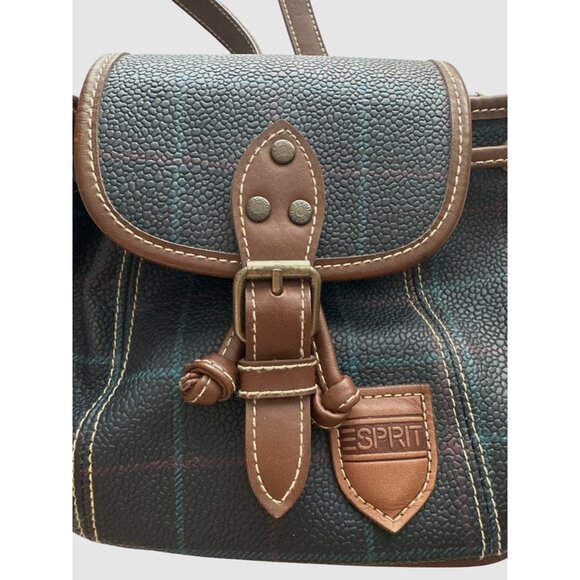 Vintage Esprit Plaid Mini Backpack Navy Brown Hobo Bag Crossbody Removable Strap - Picture 3 of 7